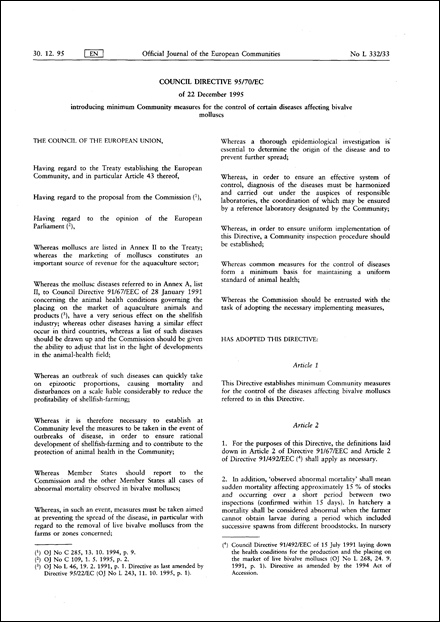 Council Directive 95/70/EC of 22 December 1995 introducing minimum Community measures for the control of certain diseases affecting bivalve molluscs (repealed)