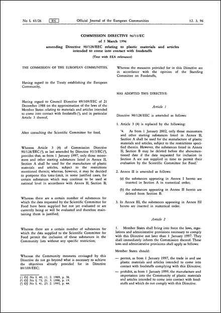 Commission Directive 96/11/EC of 5 March 1996 amending Directive 90/128/EEC relating to plastic materials and articles intended to come into contact with foodstuffs (Text with EEA relevance)