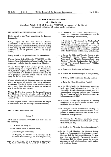 Council Directive 96/13/EC of 11 March 1996 amending Article 2 (2) of Directive 77/780/EEC in respect of the list of permanent exclusions of certain credit institutions