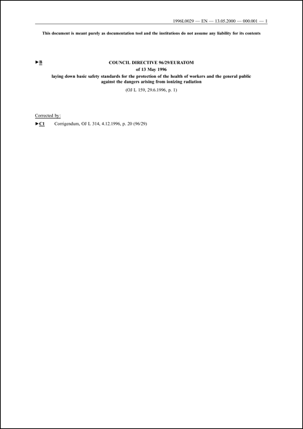 Council Directive 96/29/Euratom of 13 May 1996 laying down basic safety standards for the protection of the health of workers and the general public against the dangers arising from ionizing radiation