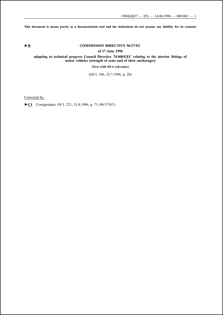 Commission Directive 96/37/EC of 17 June 1996 adapting to technical progress Council Directive 74/408/EEC relating to the interior fittings of motor vehicles (strength of seats and of their anchorages) (Text with EEA relevance)