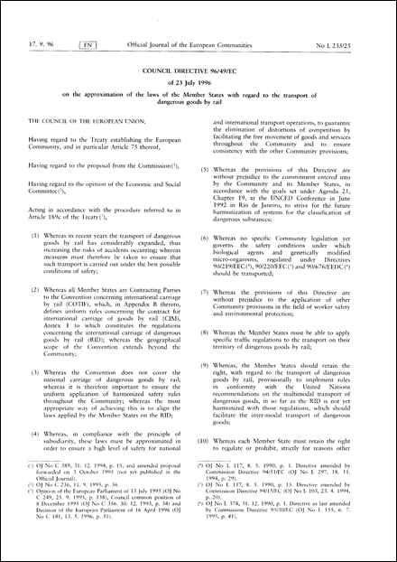 Council Directive 96/49/EC of 23 July 1996 on the approximation of the laws of the Member States with regard to the transport of dangerous goods by rail (repealed)