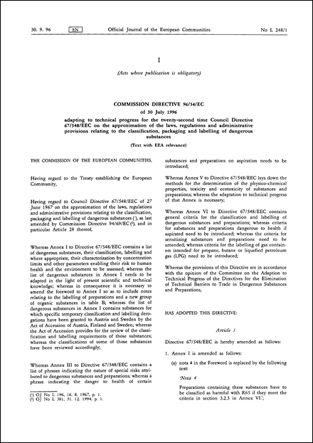 Commission Directive 96/54/EC of 30 July 1996 adapting to technical progress for the twenty-second time Council Directive 67/548/EEC on the approximation of the laws, regulations and administrative provisions relating to the classification, packaging and labelling of dangerous substances (Text with EEA relevance)