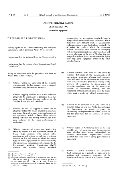 Council Directive 96/98/EC of 20 December 1996 on marine equipment (repealed)
