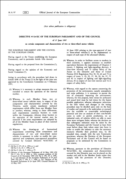Directive 97/24/EC of the European Parliament and of the Council of 17 June 1997 on certain components and characteristics of two or three-wheel motor vehicles (repealed)