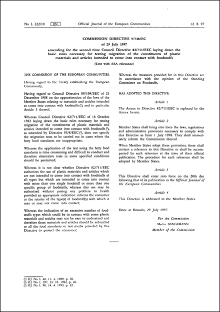 Commission Directive 97/48/EC of 29 July 1997 amending for the second time Council Directive 82/711/EEC laying down the basic rules necessary for testing migration of the constituents of plastic materials and articles intended to come into contact with foodstuffs (Text with EEA relevance)