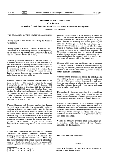 Commission Directive 97/6/EC of 30 January 1997 amending Council Directive 70/524/EEC concerning additives in feedingstuffs (Text with EEA relevance)