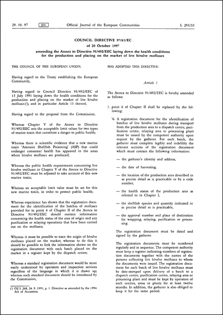 Council Directive 97/61/EC of 20 October 1997 amending the Annex to Directive 91/492/EEC laying down the health conditions for the production and placing on the market of live bivalve molluscs