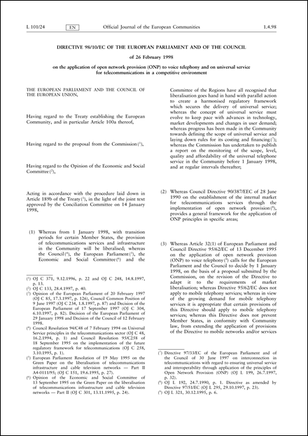 Directive 98/10/EC of the European Parliament and of the Council of 26 February 1998 on the application of open network provision (ONP) to voice telephony and on universal service for telecommunications in a competitive environment (repealed)