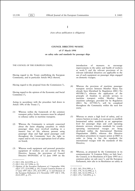 Council Directive 98/18/EC of 17 March 1998 on safety rules and standards for passenger ships (repealed)