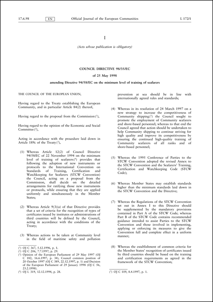 Council Directive 98/35/EC of 25 May 1998 amending Directive 94/58/EC on the minimum level of training of seafarers