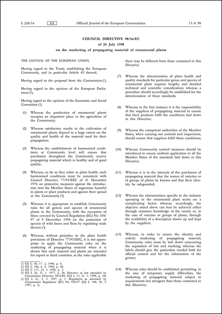 Council Directive 98/56/EC of 20 July 1998 on the marketing of propagating material of ornamental plants