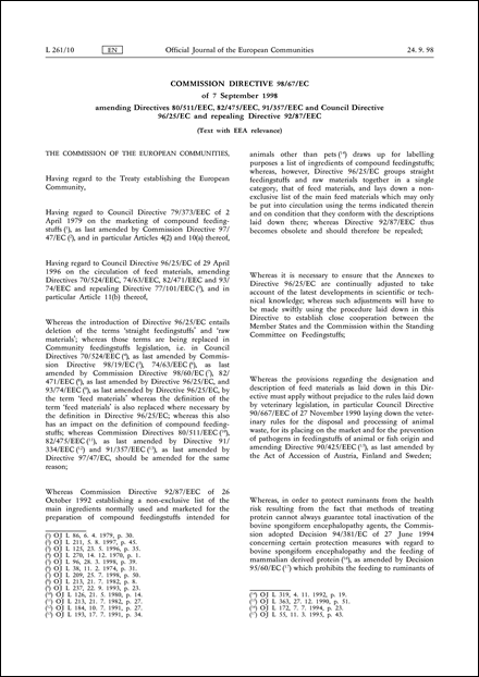 Commission Directive 98/67/EC of 7 September 1998 amending Directives 80/511/EEC, 82/475/EEC, 91/357/EEC and Council Directive 96/25/EC and repealing Directive 92/87/EEC (Text with EEA relevance)