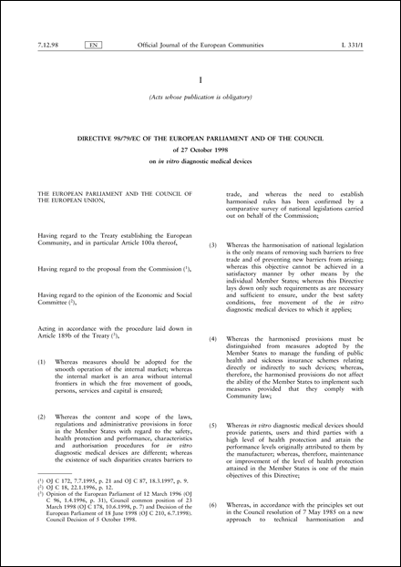 Directive 98/79/EC of the European Parliament and of the Council of 27 October 1998 on in vitro diagnostic medical devices