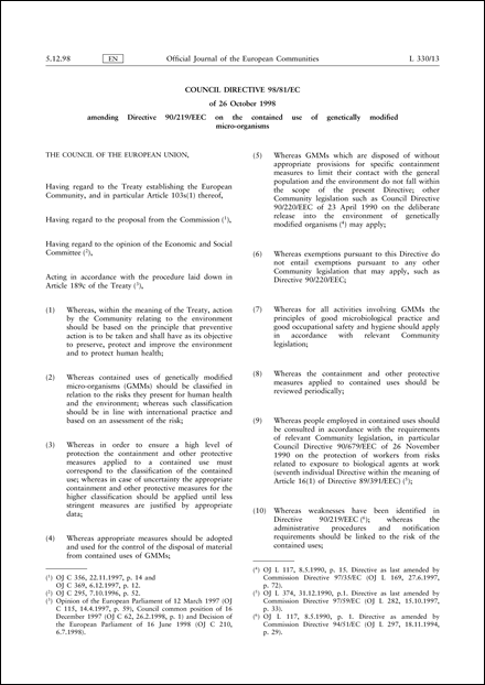 Council Directive 98/81/EC of 26 October 1998 amending Directive 90/219/EEC on the contained use of genetically modified micro-organisms (repealed)