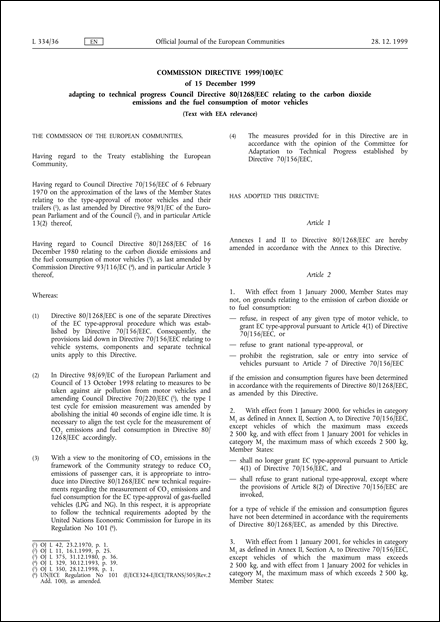 Commission Directive 1999/100/EC of 15 December 1999 adapting to technical progress Council Directive 80/1268/EEC relating to the carbon dioxide emissions and the fuel consumption of motor vehicles (Text with EEA relevance) (repealed)