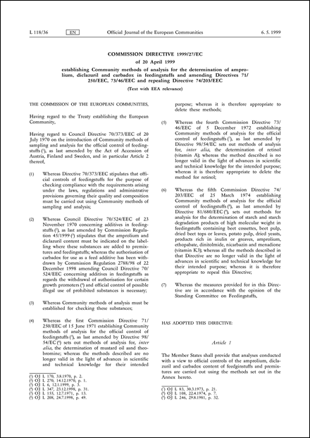Commission Directive 1999/27/EC of 20 April 1999 establishing Community methods of analysis for the determination of amprolium, diclazuril and carbadox in feedingstuffs and amending Directives 71/250/EEC, 73/46/EEC and repealing Directive 74/203/EEC (Text with EEA relevance)