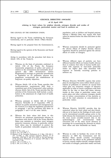 Council Directive 1999/30/EC of 22 April 1999 relating to limit values for sulphur dioxide, nitrogen dioxide and oxides of nitrogen, particulate matter and lead in ambient air (repealed)