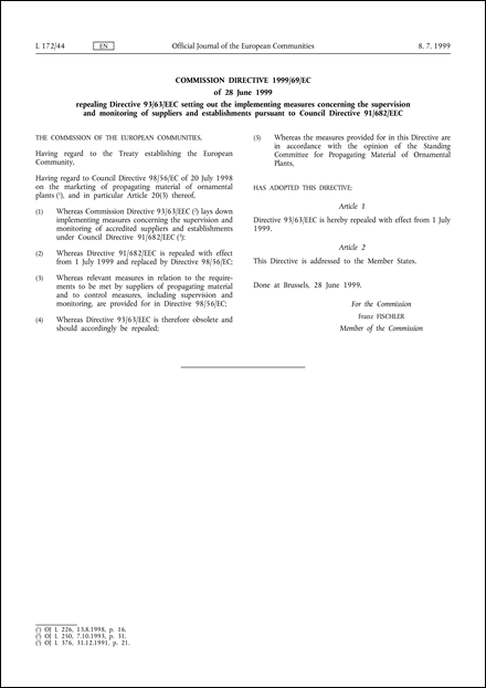 Commission Directive 1999/69/EC of 28 June 1999 repealing Directive 93/63/EEC setting out the implementing measures concerning the supervision and monitoring of suppliers and establishments pursuant to Council Directive 91/682/EEC