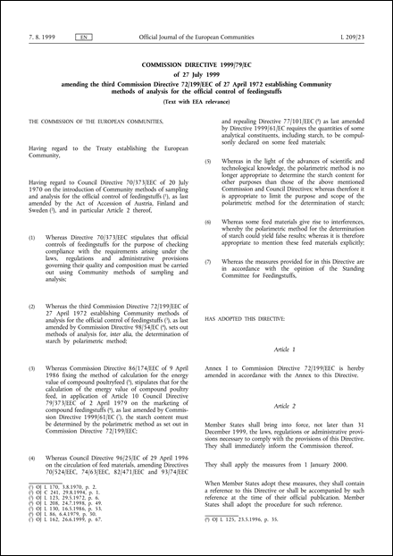 Commission Directive 1999/79/EC of 27 July 1999 amending the third Commission Directive 72/199/EEC of 27 April 1972 establishing Community methods of analysis for the official control of feedingstuffs (Text with EEA relevance)