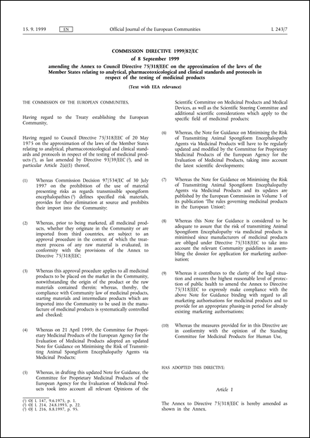 Commission Directive 1999/82/EC of 8 September 1999 amending the Annex to Council Directive 75/318/EEC on the approximation of the laws of the Member States relating to analytical, pharmacotoxicological and clinical standards and protocols in respect of the testing of medicinal products (Text with EEA relevance)