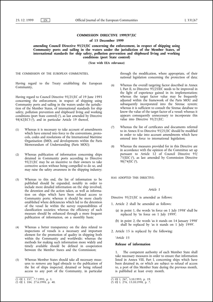 Commission Directive 1999/97/EC of 13 December 1999 amending Council Directive 95/21/EC concerning the enforcement, in respect of shipping using Community ports and sailing in the waters under the jurisdiction of the Member States, of international standards for ship safety, pollution prevention and shipboard living and working conditions (port State control) (Text with EEA relevance)