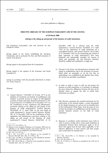 Directive 2000/12/EC of the European Parliament and of the Council of 20 March 2000 relating to the taking up and pursuit of the business of credit institutions