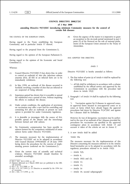 Council Directive 2000/27/EC of 2 May 2000 amending Directive 93/53/EEC introducing minimum Community measures for the control of certain fish diseases
