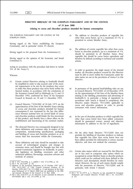 Directive 2000/36/EC of the European Parliament and of the Council of 23 June 2000 relating to cocoa and chocolate products intended for human consumption
