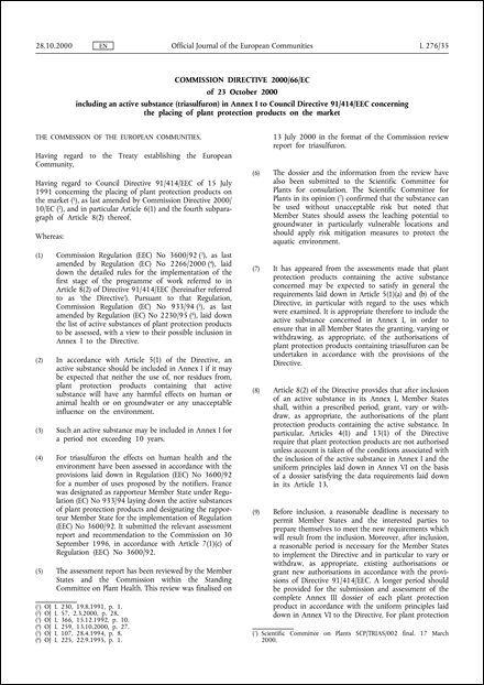 Commission Directive 2000/66/EC of 23 October 2000 including an active substance (triasulfuron) in Annex I to Council Directive 91/414/EEC concerning the placing of plant protection products on the market