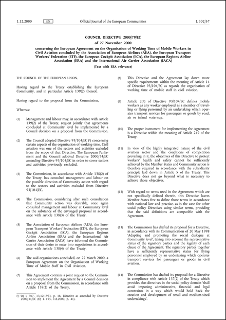 Council Directive 2000/79/EC of 27 November 2000 concerning the European Agreement on the Organisation of Working Time of Mobile Workers in Civil Aviation concluded by the Association of European Airlines (AEA), the European Transport Workers' Federation (ETF), the European Cockpit Association (ECA), the European Regions Airline Association (ERA) and the International Air Carrier Association (IACA) (Text with EEA relevance)