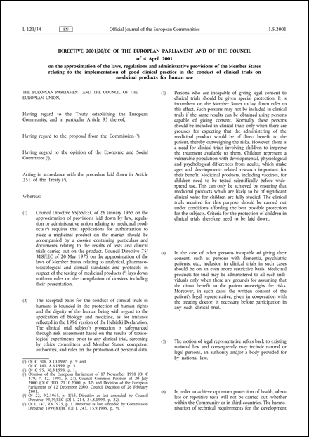 Directive 2001/20/EC of the European Parliament and of the Council of 4  April 2001