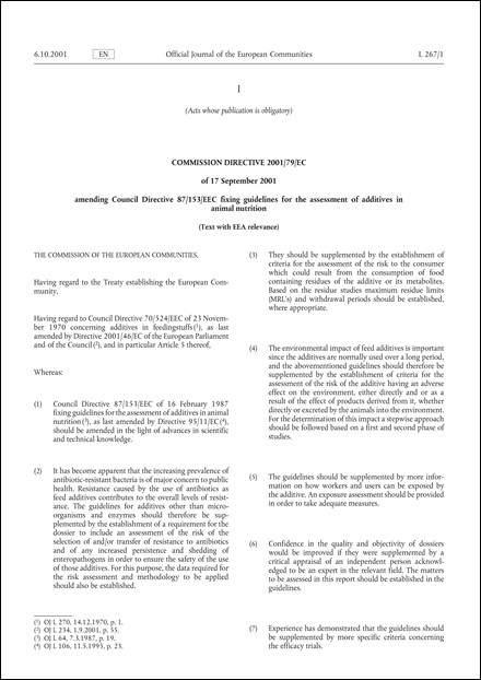 Commission Directive 2001/79/EC of 17 September 2001 amending Council Directive 87/153/EEC fixing guidelines for the assessment of additives in animal nutrition (Text with EEA relevance.)