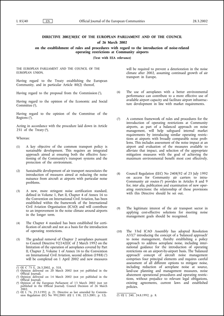 Directive 2002/30/EC of the European Parliament and of the Council of 26 March 2002 on the establishment of rules and procedures with regard to the introduction of noise-related operating restrictions at Community airports (Text with EEA relevance) (repealed)