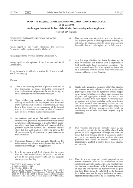 Directive 2002/46/EC of the European Parliament and of the Council of 10 June 2002 on the approximation of the laws of the Member States relating to food supplements (Text with EEA relevance)