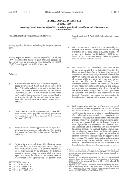 Commission Directive 2002/48/EC of 30 May 2002 amending Council Directive 91/414/EEC to include iprovalicarb, prosulfuron and sulfosulfuron as active substances (repealed)