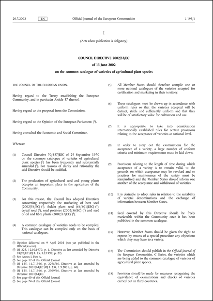 Council Directive 2002/53/EC of 13 June 2002 on the common catalogue of varieties of agricultural plant species