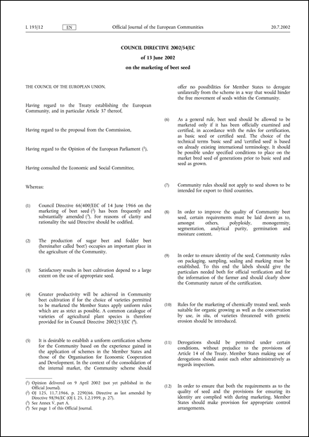 Council Directive 2002/54/EC of 13 June 2002 on the marketing of beet seed