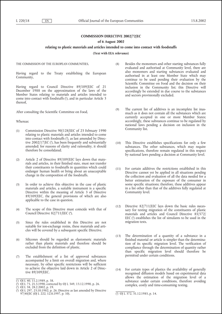 Commission Directive 2002/72/EC of 6 August 2002 relating to plastic materials and articles intended to come into contact with foodstuffs (Text with EEA relevance) (repealed)