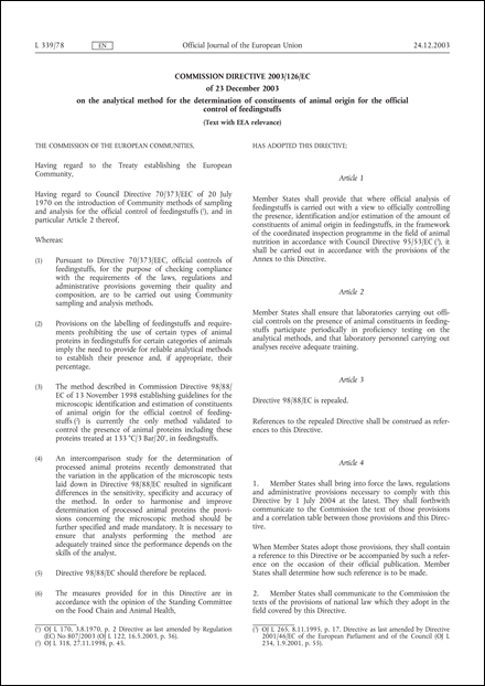 Commission Directive 2003/126/EC of 23 December 2003 on the analytical method for the determination of constituents of animal origin for the official control of feedingstuffs (Text with EEA relevance)