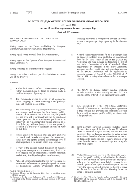 Directive 2003/25/EC of the European Parliament and of the Council of 14 April 2003 on specific stability requirements for ro-ro passenger ships (Text with EEA relevance)