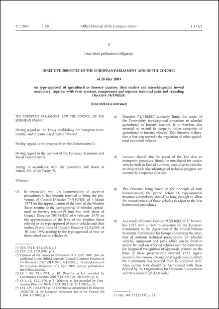 Directive 2003/37/EC of the European Parliament and of the Council of 26 May 2003 on type-approval of agricultural or forestry tractors, their trailers and interchangeable towed machinery, together with their systems, components and separate technical units and repealing Directive 74/150/EEC (Text with EEA relevance.) (repealed)