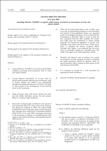 Council Directive 2003/50/EC of 11 June 2003 amending Directive 91/68/EEC as regards reinforcement of controls on movements of ovine and caprine animals