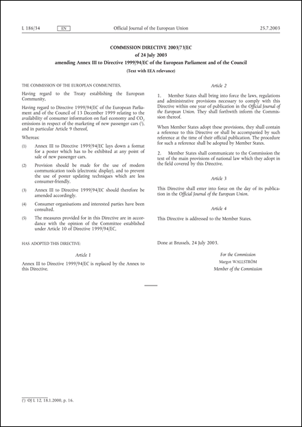 Commission Directive 2003/73/EC of 24 July 2003 amending Annex III to Directive 1999/94/EC of the European Parliament and of the Council (Text with EEA relevance)