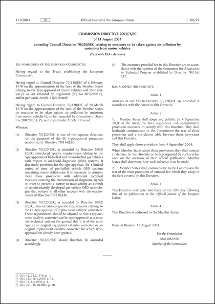 Commission Directive 2003/76/EC of 11 August 2003 amending Council Directive 70/220/EEC relating to measures to be taken against air pollution by emissions from motor vehicles (Text with EEA relevance)