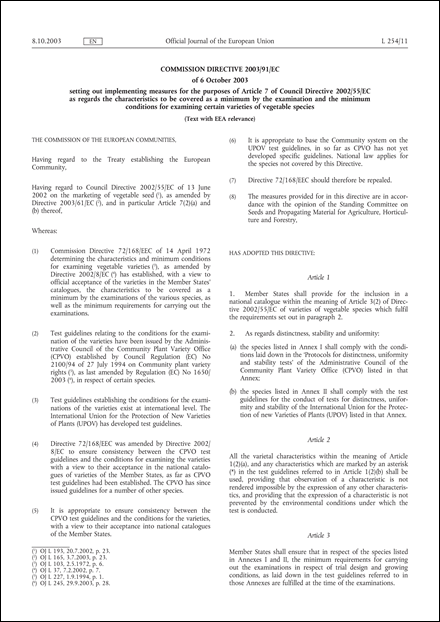 Commission Directive 2003/91/EC of 6 October 2003 setting out implementing measures for the purposes of Article 7 of Council Directive 2002/55/EC as regards the characteristics to be covered as a minimum by the examination and the minimum conditions for examining certain varieties of vegetable species (Text with EEA relevance)