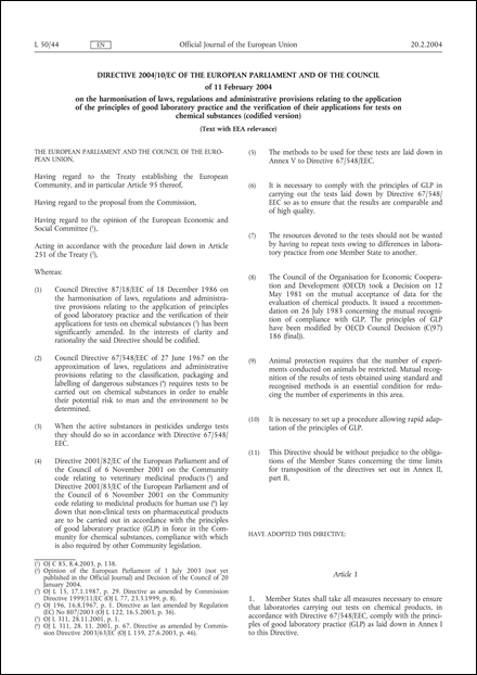 Directive 2004/10/EC of the European Parliament and of the Council of 11 February 2004 on the harmonisation of laws, regulations and administrative provisions relating to the application of the principles of good laboratory practice and the verification of their applications for tests on chemical substances (codified version) (Text with EEA relevance)