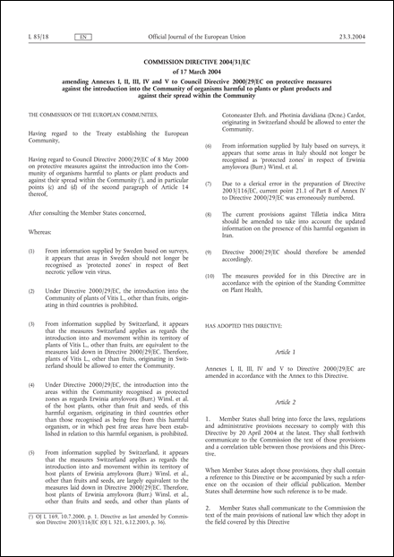 Commission Directive 2004/31/EC of 17 March 2004 amending Annexes I, II, III, IV and V to Council Directive 2000/29/EC on protective measures against the introduction into the Community of organisms harmful to plants or plant products and against their spread within the Community