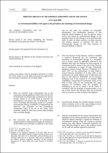 Directive 2004/35/CE of the European Parliament and of the Council of 21 April 2004 on environmental liability with regard to the prevention and remedying of environmental damage
