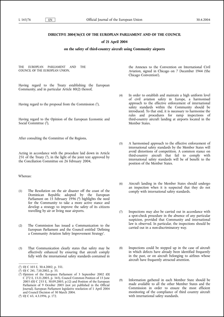 Directive 2004/36/CE of the European Parliament and of the Council of 21 April 2004 on the safety of third-country aircraft using Community airports (repealed)